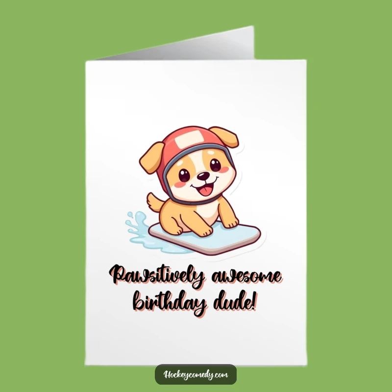 Free Printable Dog Birthday Card: Hilarious Hockey Pup Sliding Down Ice - Funny Downloadable Gift