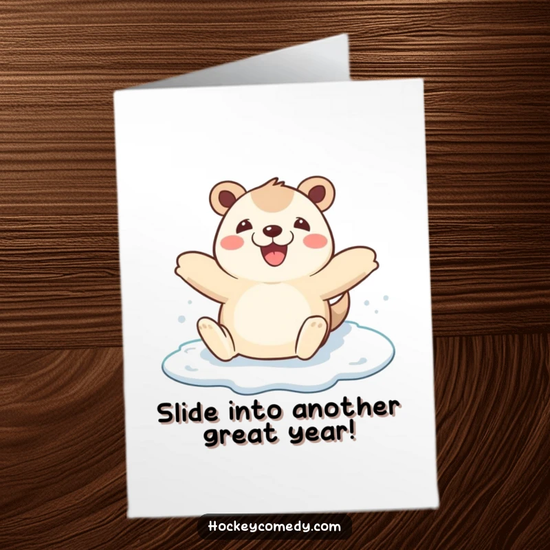 Funny Free Printable Birthday Card: A happy animal glides effortlessly on ice with arms wide open in pure bliss.