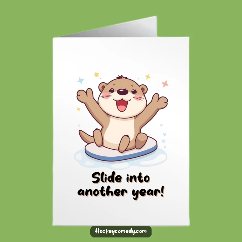 Free Printable Birthday Card: Joyful Otter's Ice Slide Celebration, Downloadable Gift