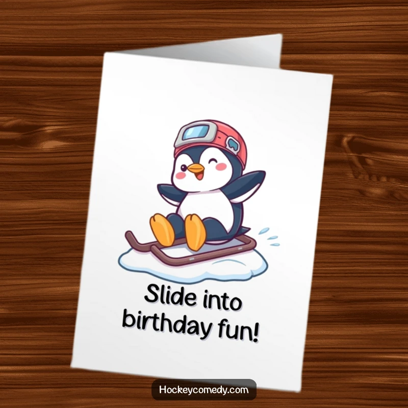 Funny free printable birthday card: A playful penguin gracefully sliding on a hockey helmet across ice, celebrating a birthday.