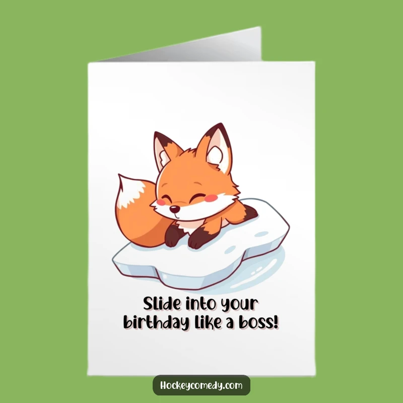 Free Printable Birthday Card: Funny Fox Slides on Ice - Winter Birthday Fun Downloadable Gift