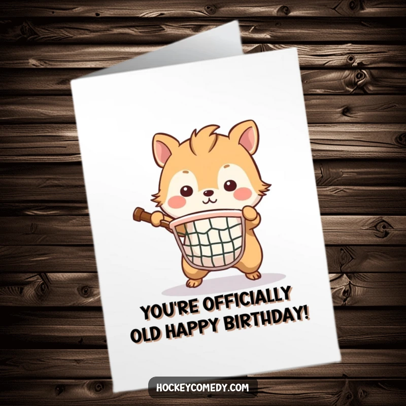 Funny Free Printable Birthday Card: A brave animal fiercely defends a small net, showing great determination.