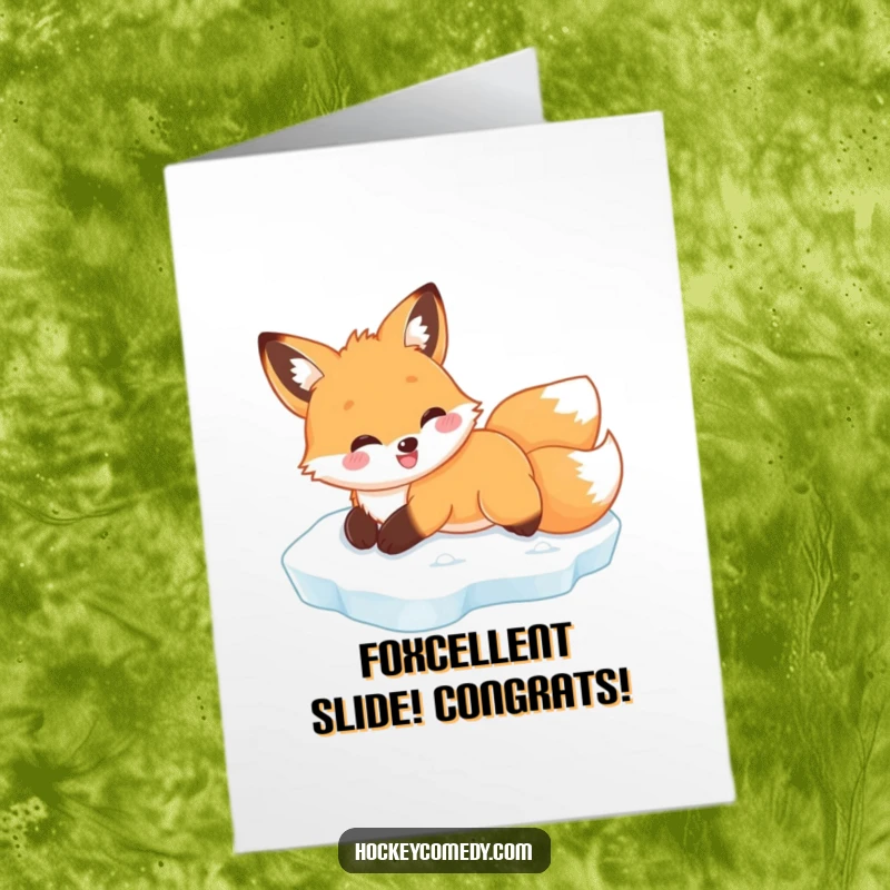 Funny Free Printable happy fox belly-sliding across ice with a celebratory vibe, perfect for a congratulations card.