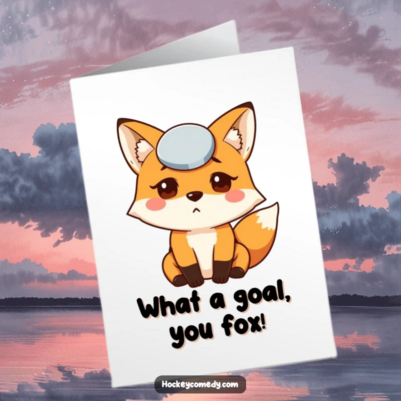 Funny free printable congratulations card: A fox stares blankly, comically bewildered by an ice hockey puck firmly stuck to its forehead.
