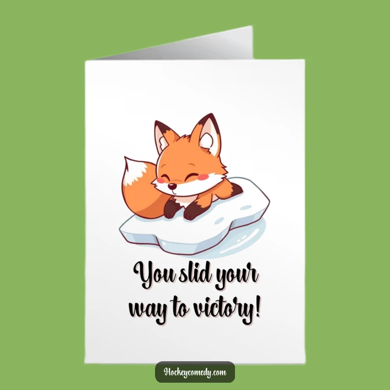 Free Printable Congrats Card: Determined Fox Belly Slides to Victory - Downloadable Gift