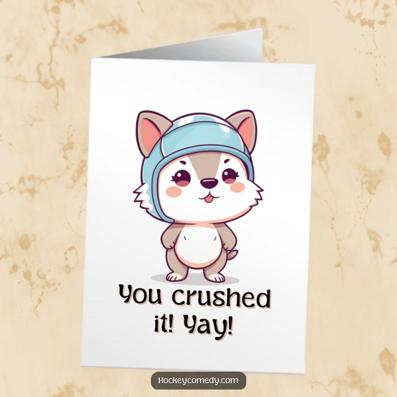 Funny Free Printable Congrats Card: Determined animal in a helmet, captured mid-slapshot, showing intense focus.