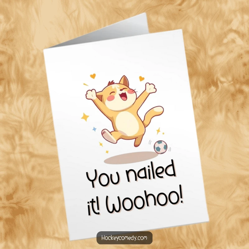 Funny Free Printable Congrats Card: Energetic animal jumping with joy celebrating a goal, ecstatic and triumphant.