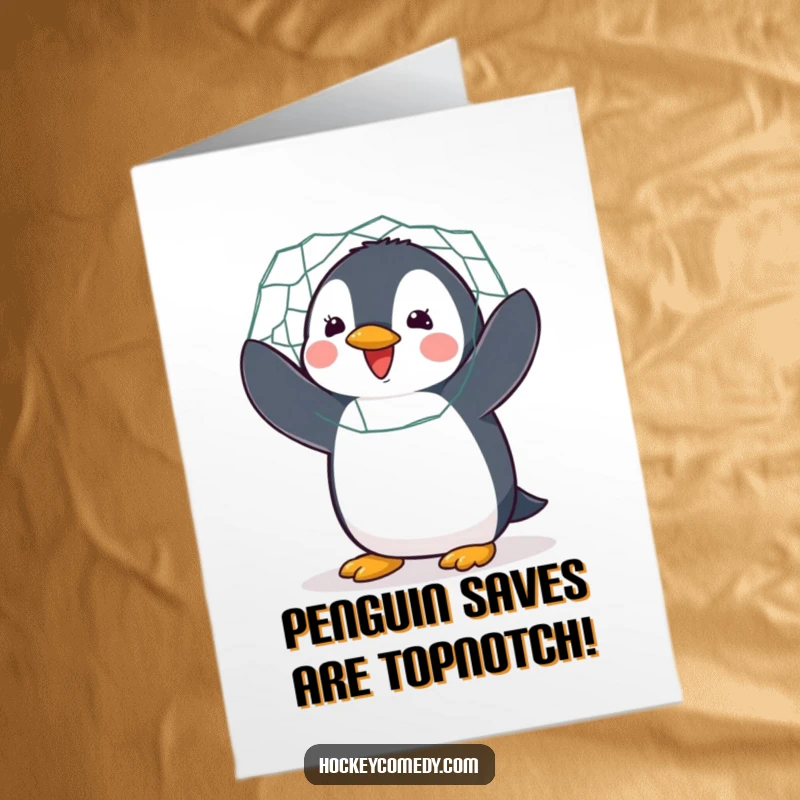Funny Free Printable Congratulations Card: Delighted penguin goalie, enthusiastically flapping wings to guard the net and celebrate a win.
