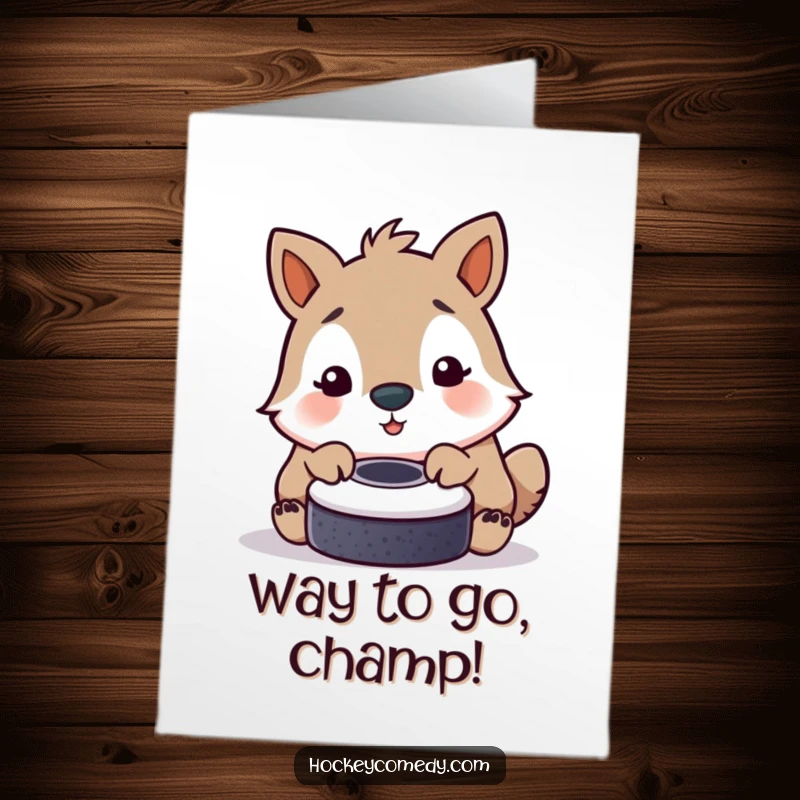 Funny Free Printable Congratulations Card: A happy animal playfully pushes a puck with its nose, a fun way to celebrate.