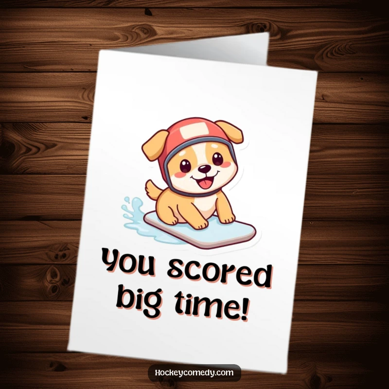 Funny Free Printable Congratulations Card: Happy dog in a hockey helmet sliding on ice, celebrating a big win.