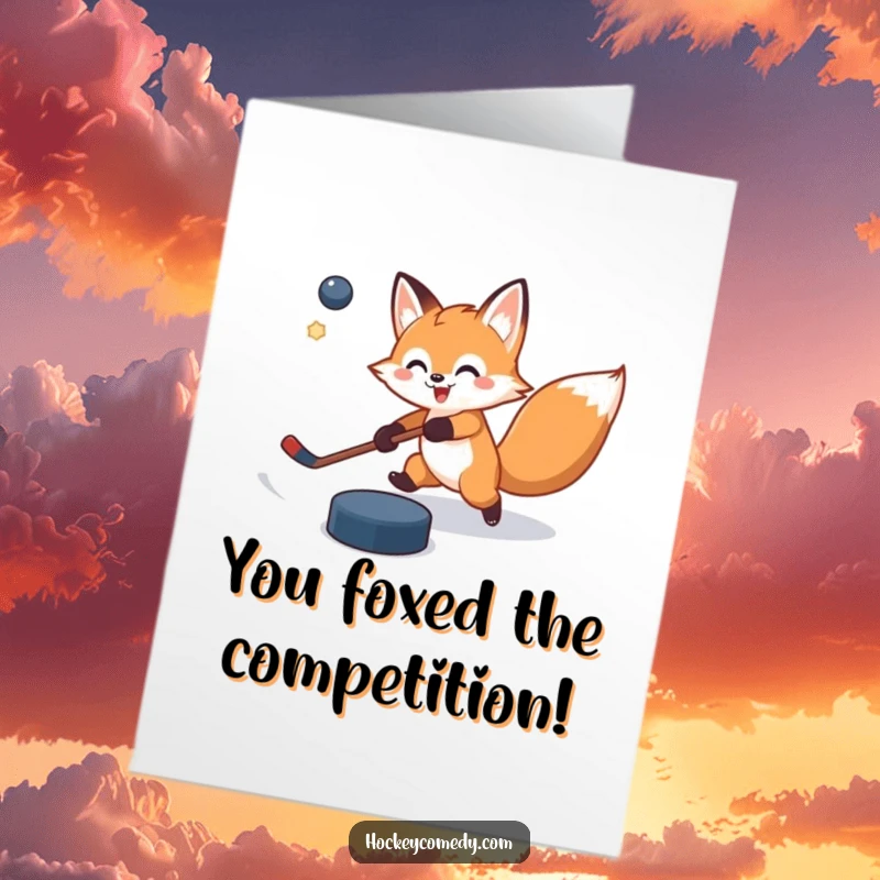 Funny Free Printable Congratulations Card: A determined fox misses a slap shot, puck veering wildly, celebrating effort over accuracy.