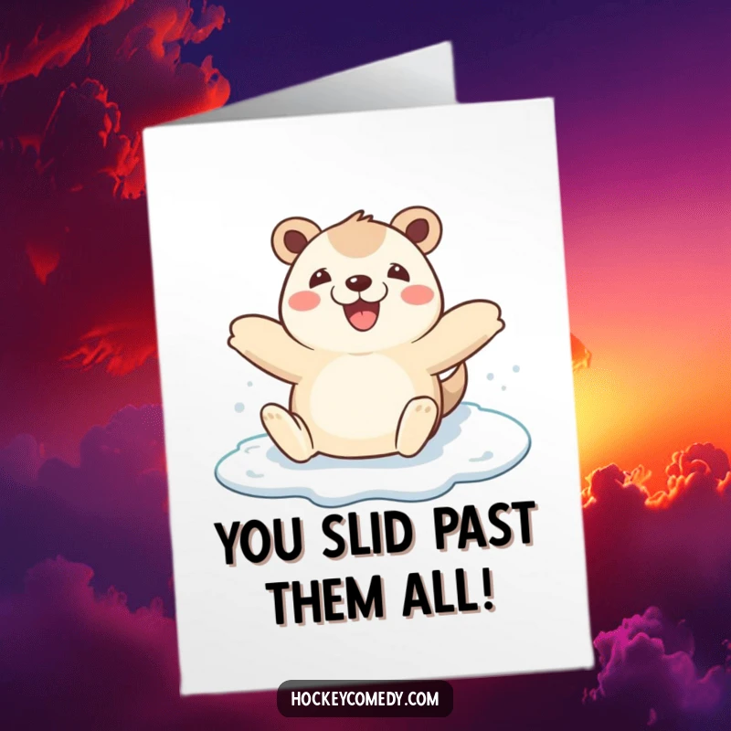 Funny Free Printable Congratulations Card: A delighted animal slides on ice with arms spread wide, celebrating a great achievement.