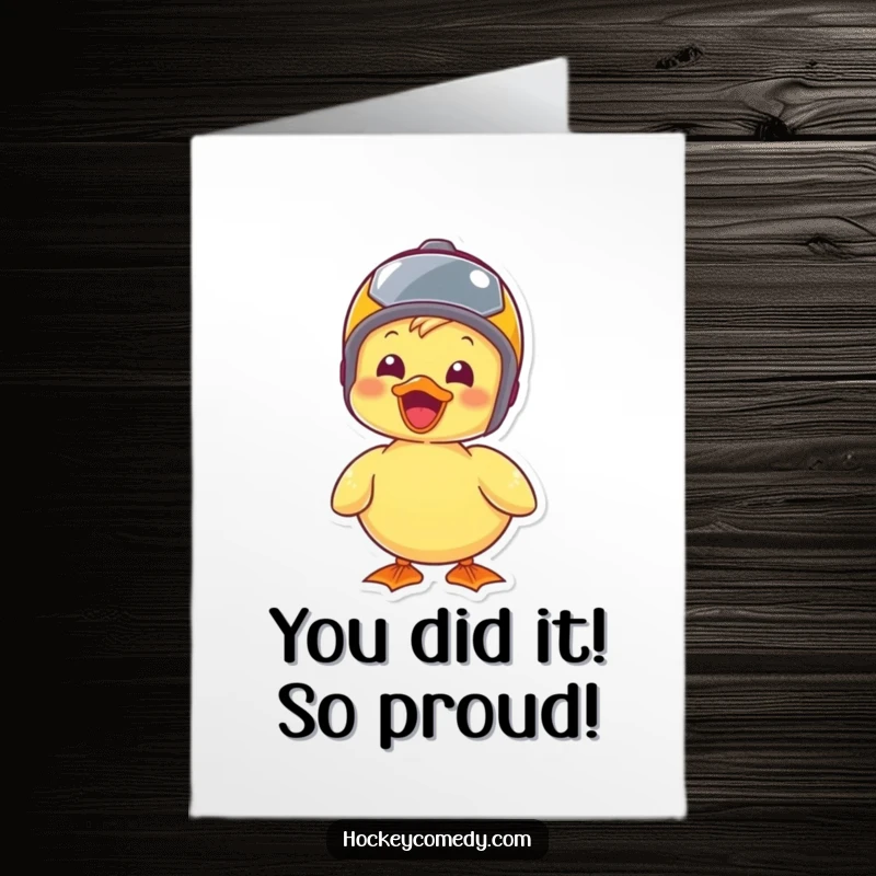 Funny Free Printable congratulations card with a happy duck wearing a tiny helmet, ideal for a downloadable DIY gift of success.