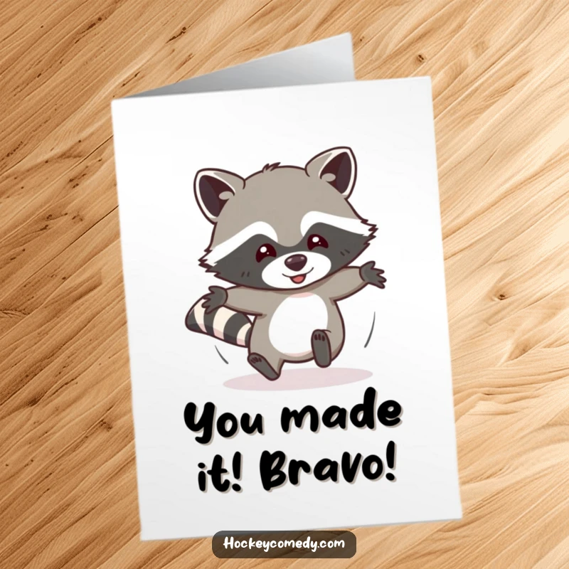 Funny Free Printable Congratulations Card showing a raccoon sliding headfirst, celebrating a win with pure, comical energy.