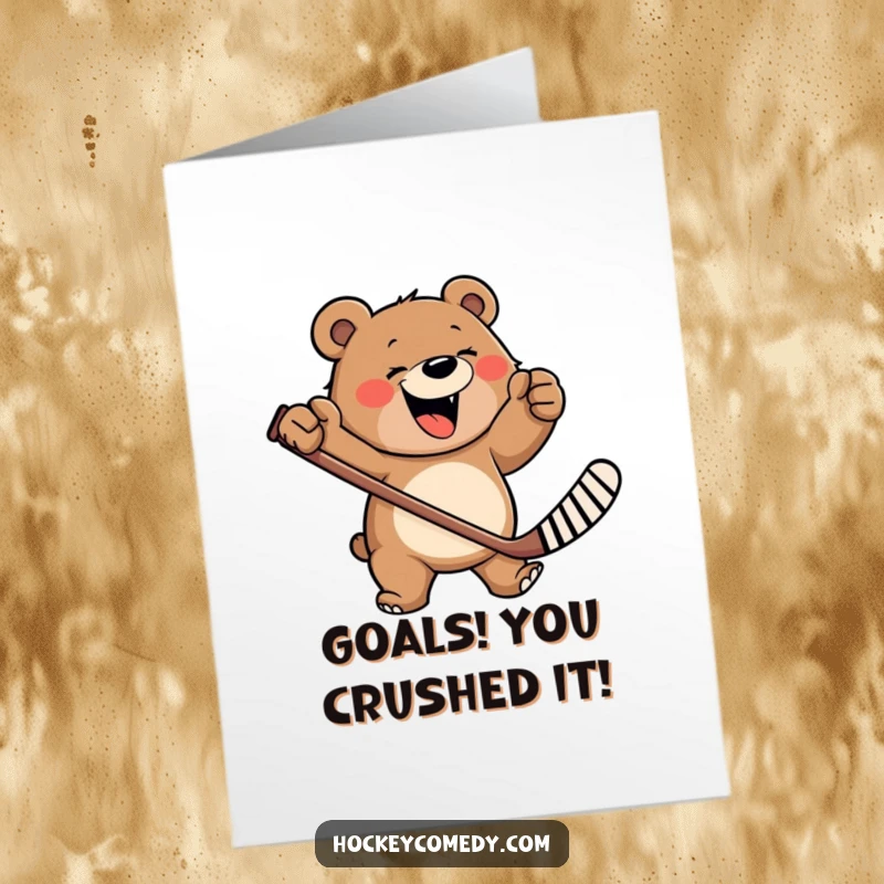 Funny free printable congratulations card: A happy bear wildly waving a hockey stick, celebrating a fantastic accomplishment, downloadable art.