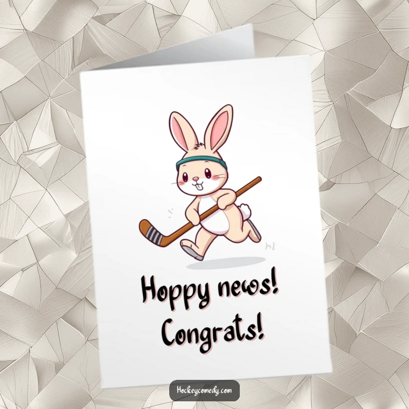 Funny Free Printable rabbit ready for a hockey game, hopping with a stick, perfect for a congratulations card.