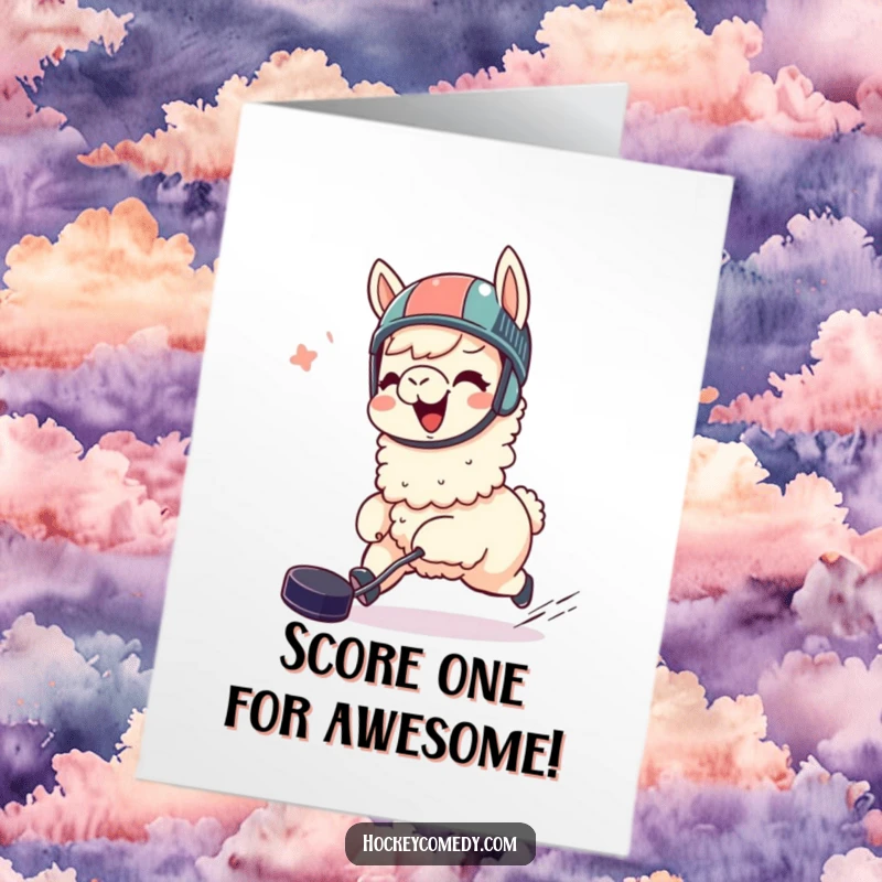 Funny Free Printable Congratulations Card: A helmeted llama giggling with joy, celebrating a puck-chasing victory.