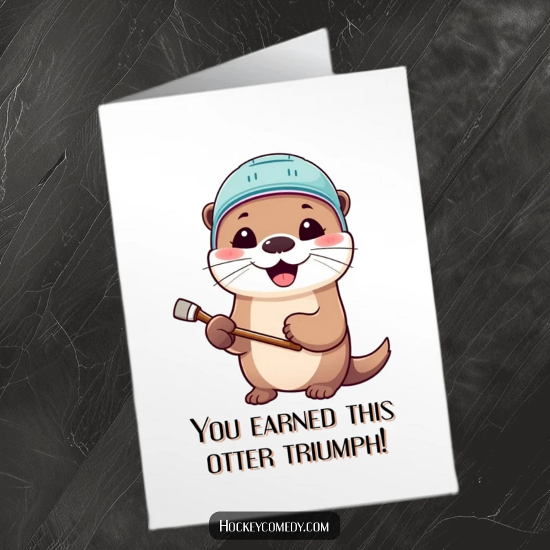 Funny Free Printable Congratulations Card: Smiling otter in a hockey helmet, celebrating a big win with excitement.