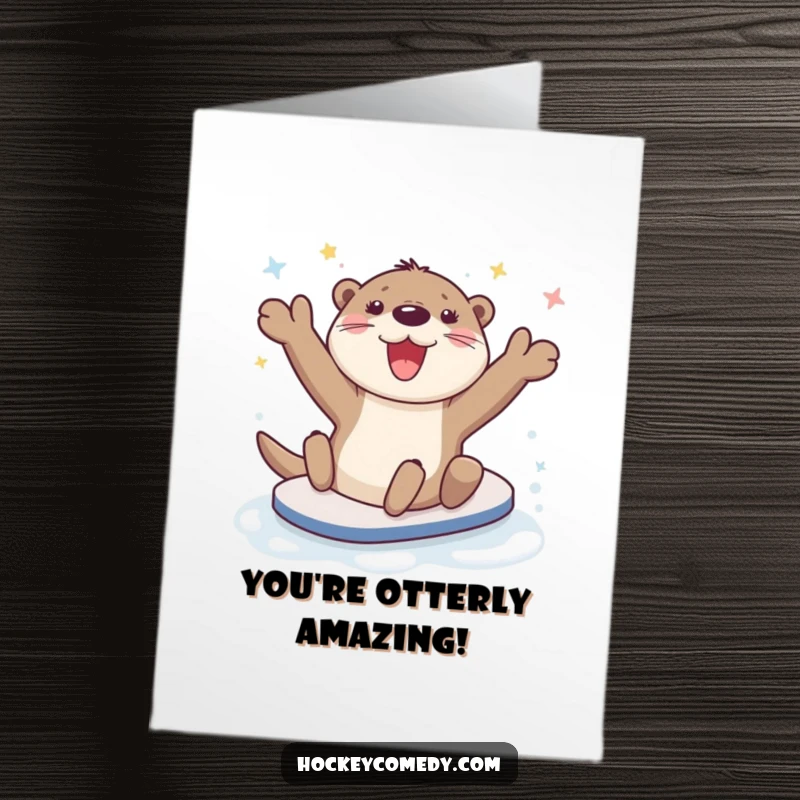 Funny Free Printable Congratulations Card: Happy otter character celebrating with a slick slide across the ice.
