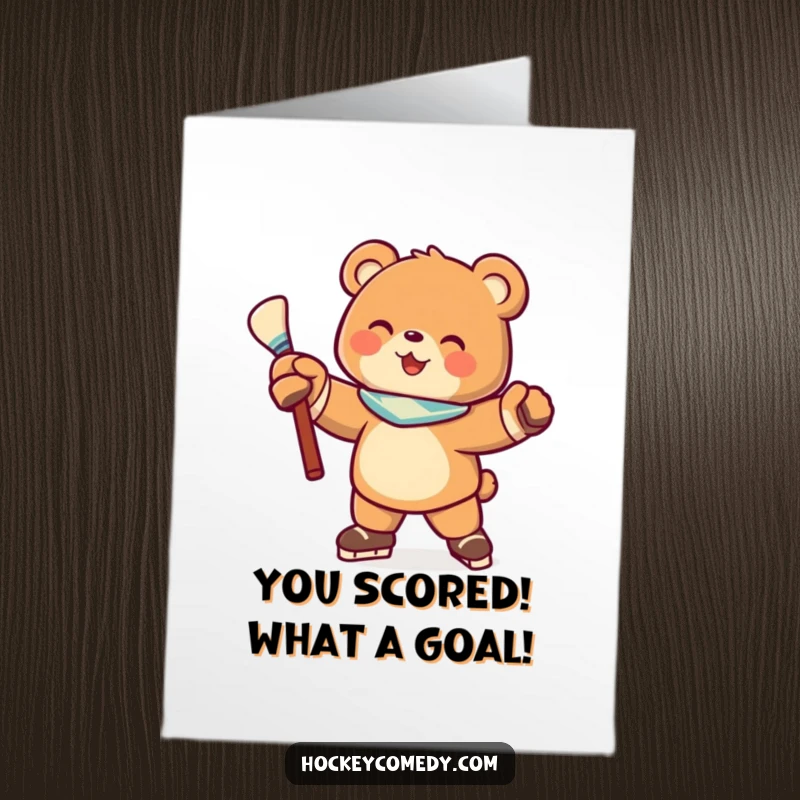 Funny Free Printable Congrats Card: Energetic bear on ice, hockey stick ready, celebrating a major achievement.