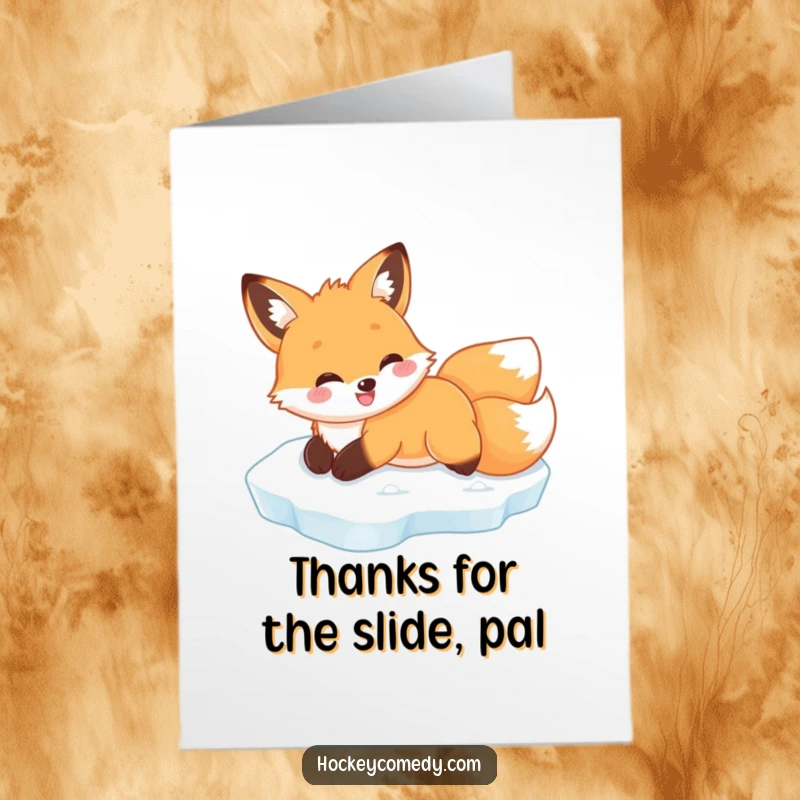 Funny Free Printable fox sliding on its belly across ice with a friendly wave, suitable for a thank you card.