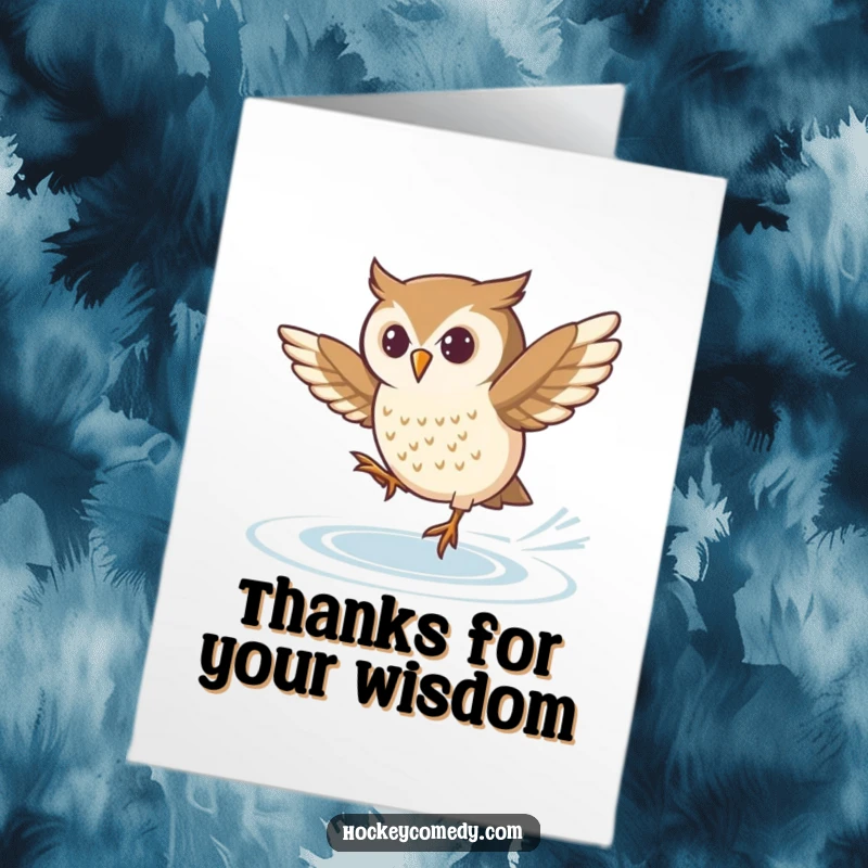 Funny Free Printable Thank You Card: A determined owl skates with focus, attempting a spin as a unique way to say thanks.