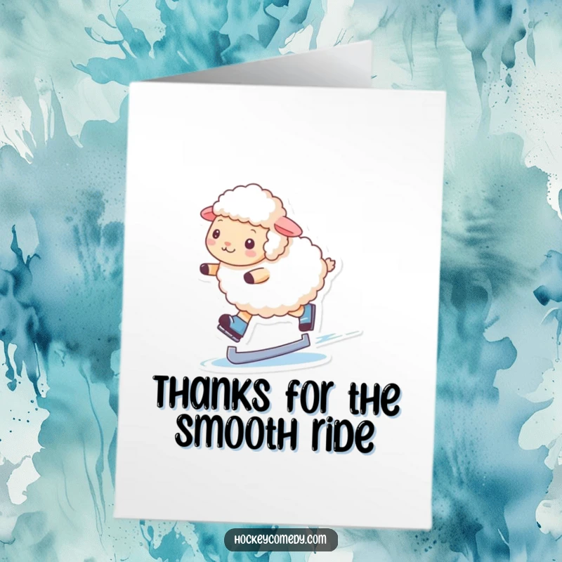 Funny Free Printable Thank You Card: A fluffy sheep skates with grace, offering thanks with a smile on the ice.