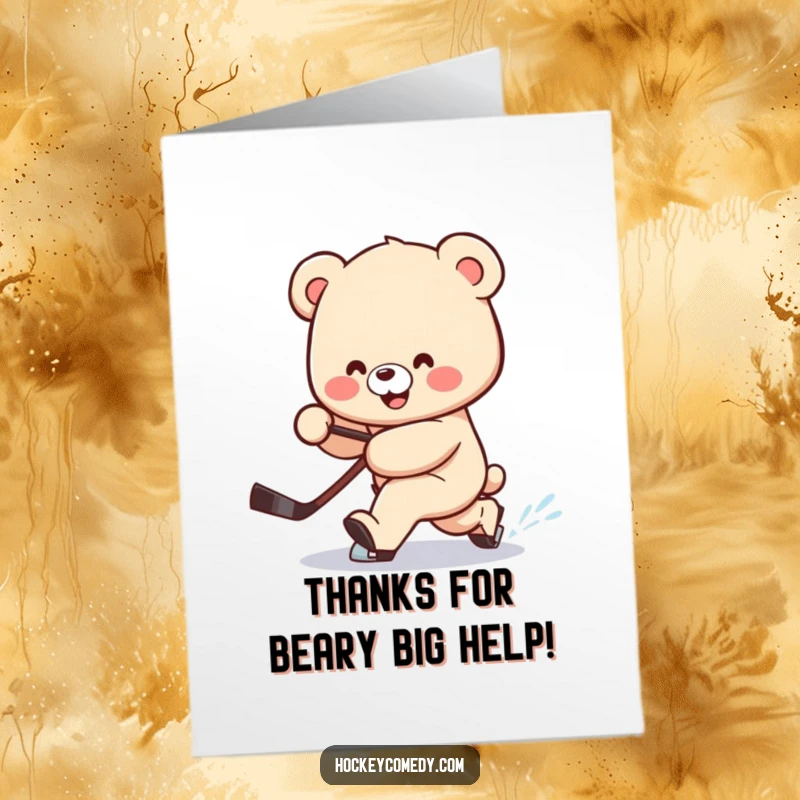 Funny Free Printable Thank You Card: Smiling bear with a trailing stick, attempting a funny hockey deke to say thanks.