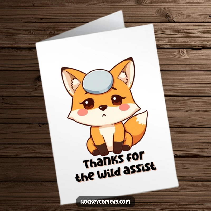 Funny free printable thank you card: A fox looks hilariously confused with a hockey puck stuck right on its forehead, a silly situation.