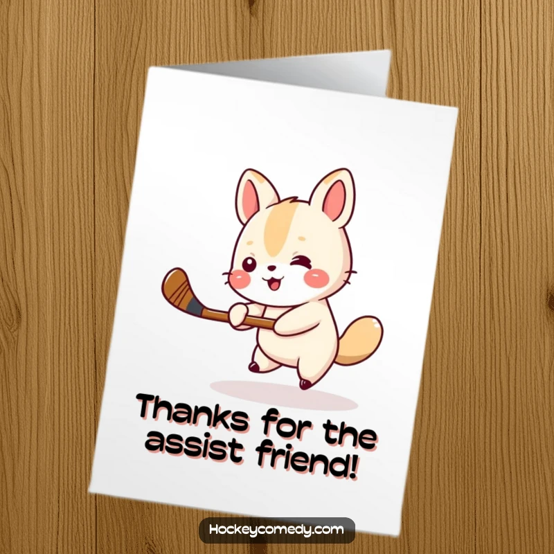 Funny Free Printable Thank You card with a small animal swinging a miniature hockey stick enthusiastically.