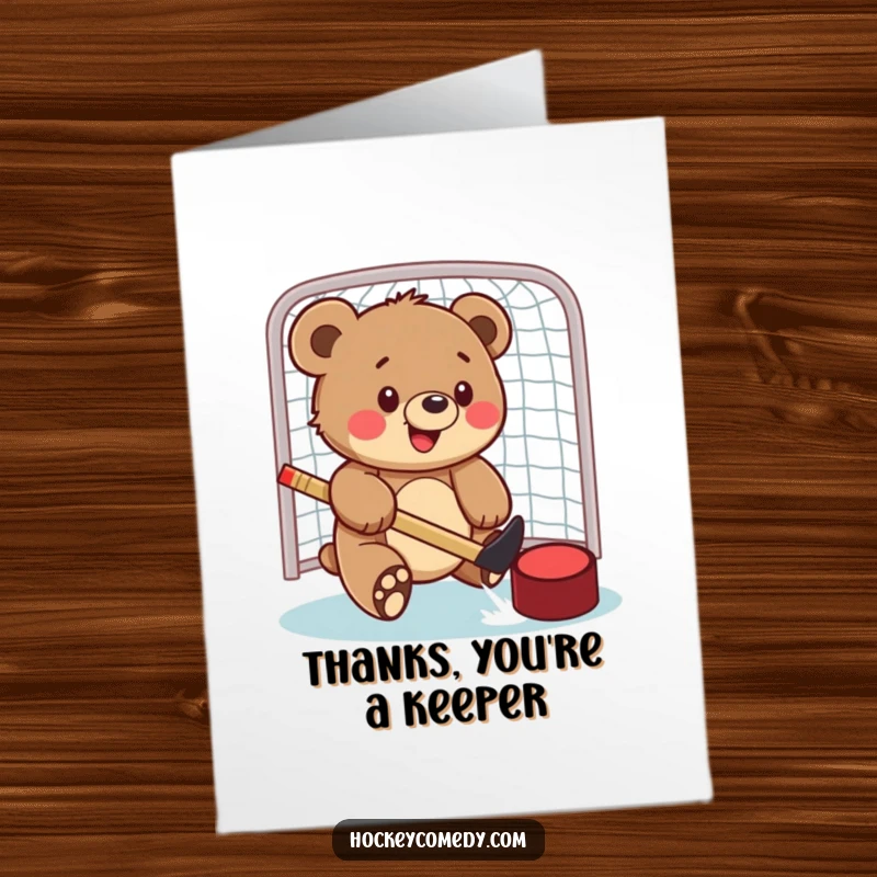 Funny Free Printable Thank You Card: Bear cub focusing intently on swatting a hockey puck, sweetly thanking someone.