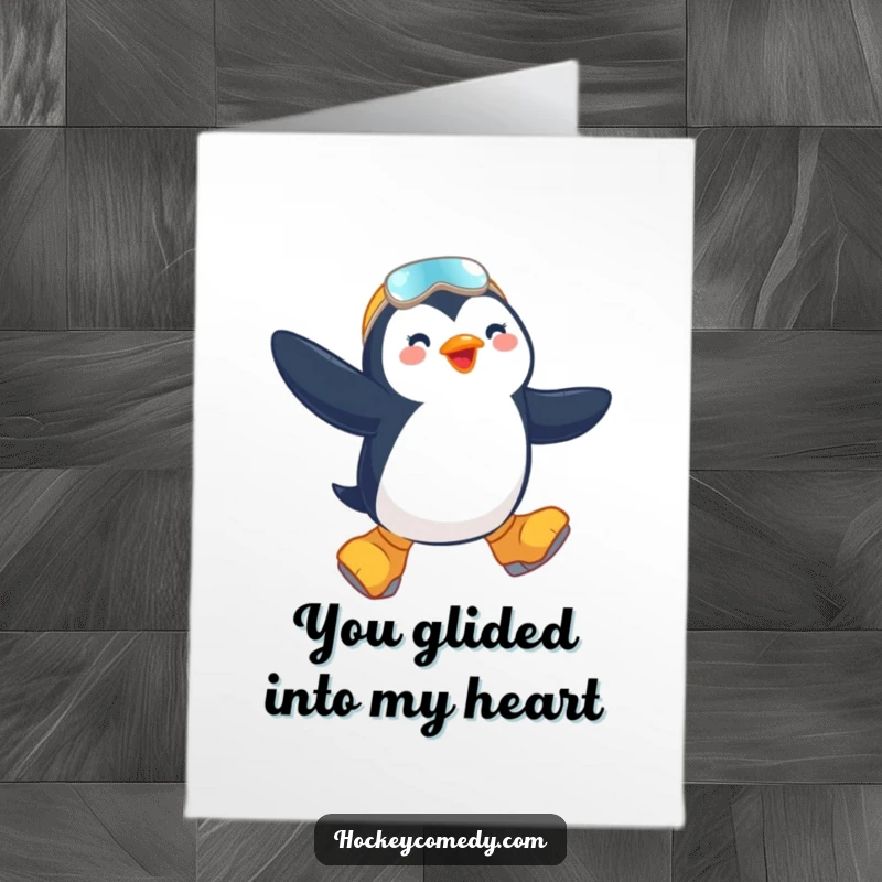 Funny Free Printable Thank You Card: Penguin on skates, caught mid-leap, expressing thanks with joyful motion.