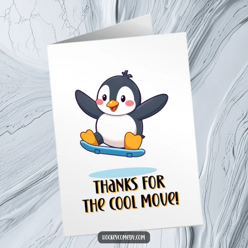 Funny Free Printable Thank You Card: Penguin mid-skate move with arms out, expressing thanks playfully. A charming downloadable.