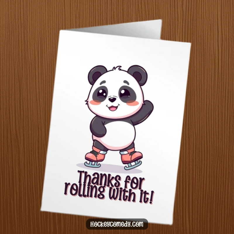 Funny Free Printable Thank You Card: A smiling panda wobbles on oversized skates, conveying surprised and endearing gratitude.