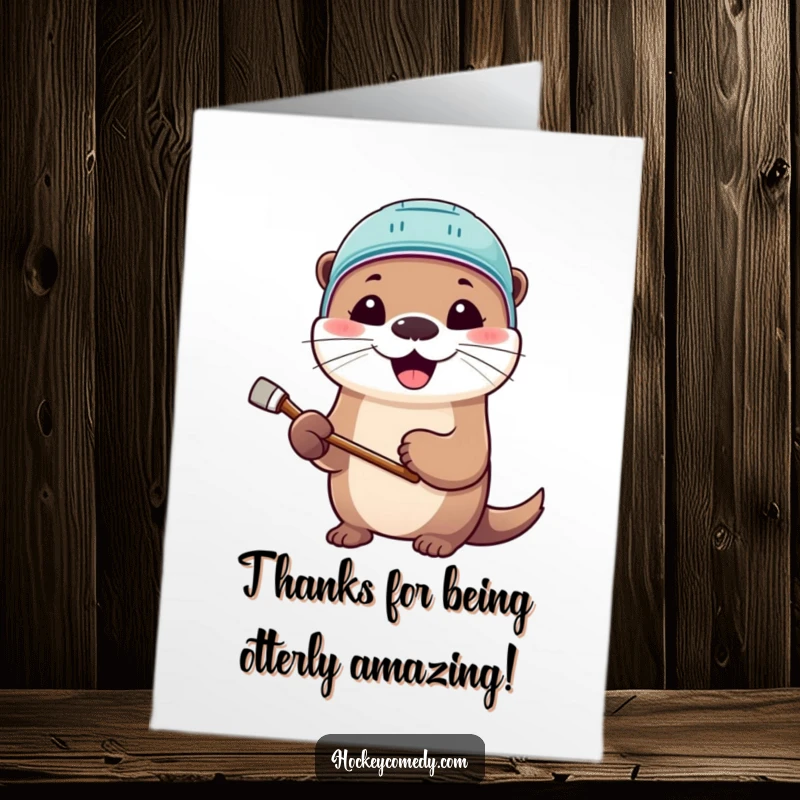 Funny Free Printable Thank You Card: Adorable otter in hockey gear, sending a big thank you with a smile.