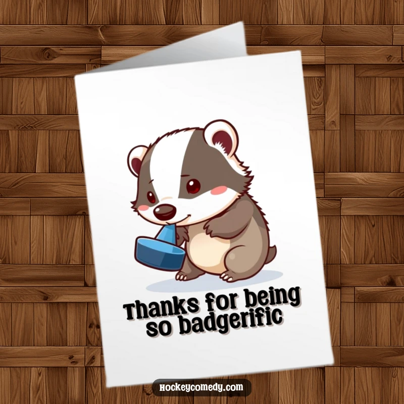 Funny Free Printable Thank You Card of a playful badger attempting a nose trick with a hockey puck, expressing thanks.