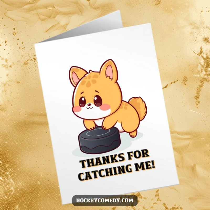 Funny Free Printable Thank You Card: Cute animal taking a tumble on a puck, surprise expression, witty.