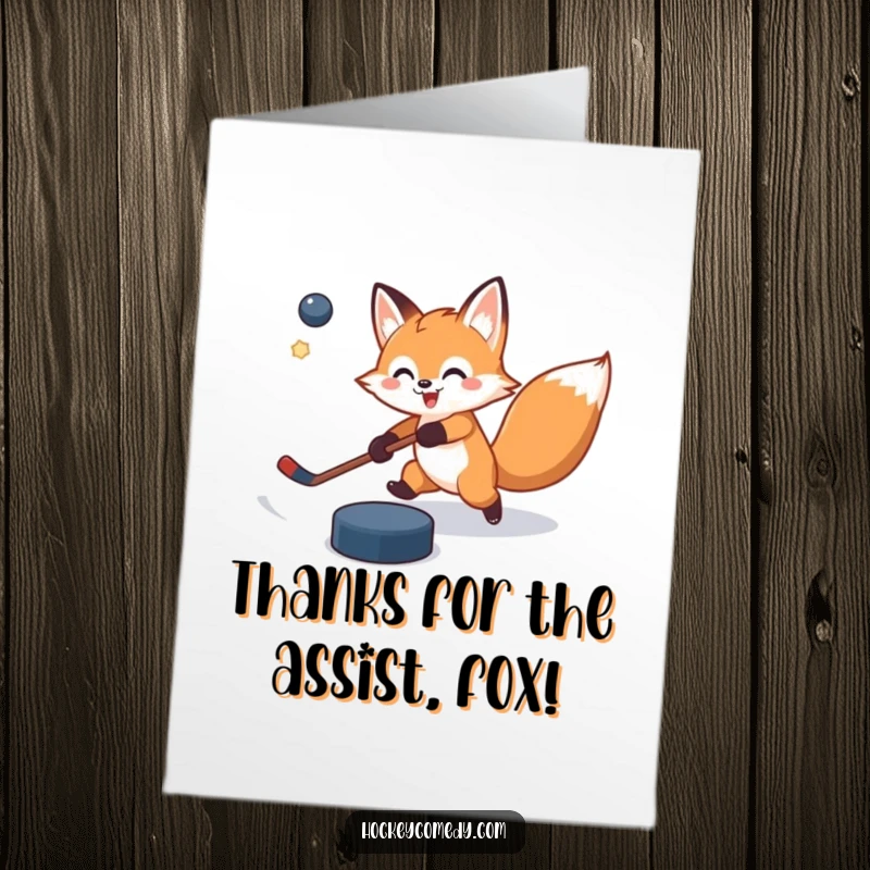 Funny Free Printable Thank You Card: A cheerful fox attempts a slap shot, the puck flying astray, conveying thanks with enthusiastic effort.