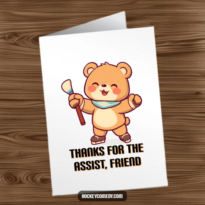 Funny Free Printable Thank You Card: Playful bear in hockey gear, stick in hand, offering thanks.
