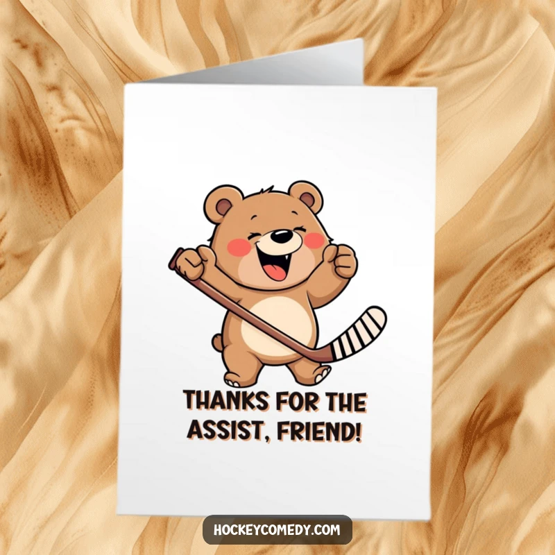 Funny free printable thank you card: A happy bear energetically brandishing a hockey stick, sending thanks with wild enthusiasm.