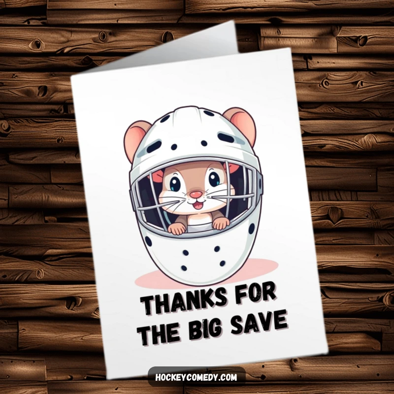 Funny Free Printable thank you card featuring a curious mouse peeking from a goalie mask, perfect for a downloadable DIY gift.