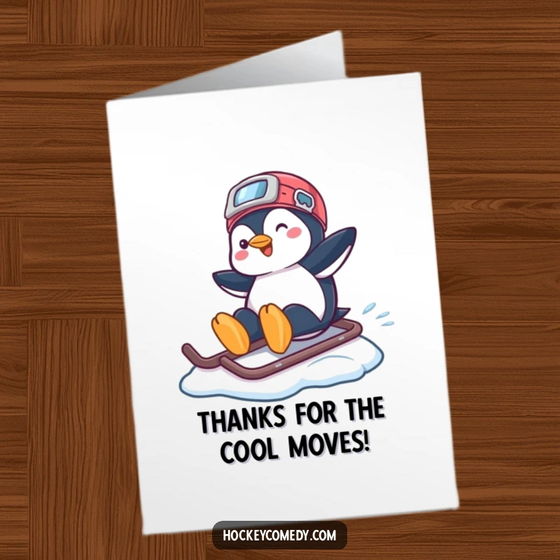 Funny free printable thank you card: A playful penguin sliding on a hockey helmet across ice, sending cool, unique thanks.