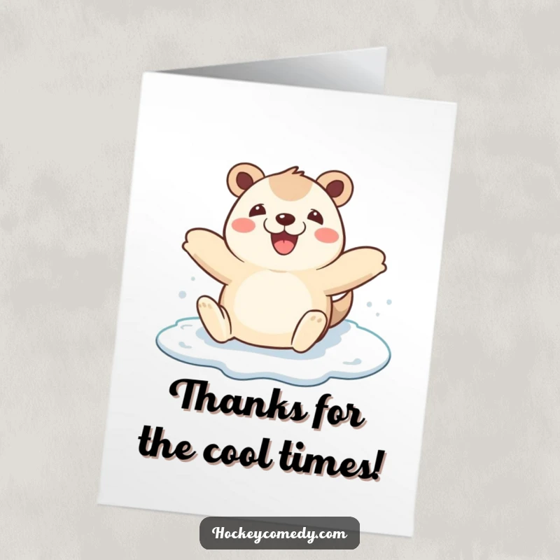 Funny Free Printable Thank You Card: A happy animal slides on ice with open arms, sending its sincere thanks.