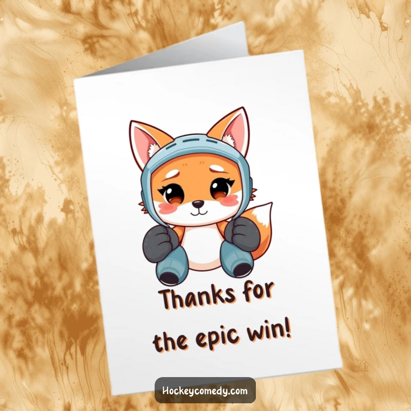 Funny free printable thank you card: A smiling fox awkwardly wearing huge hockey pads, expressing gratitude with confusion.