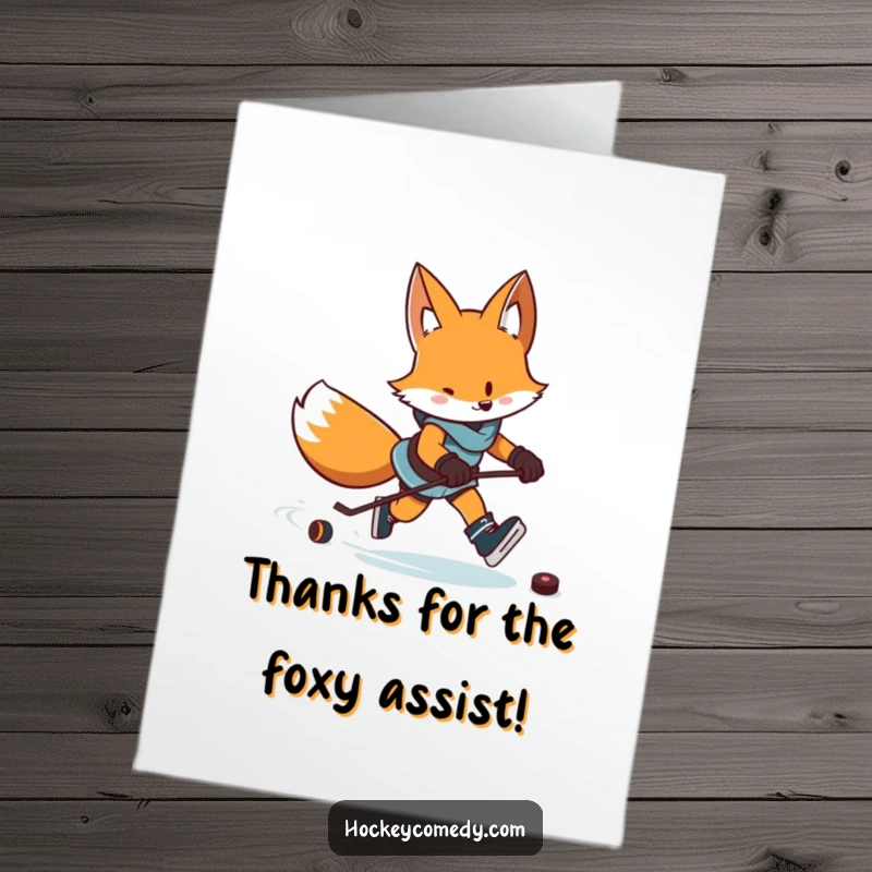 Funny Free Printable Thank You Card: Determined fox on ice with a puck, leaving zigzag trails, expressing thanks.