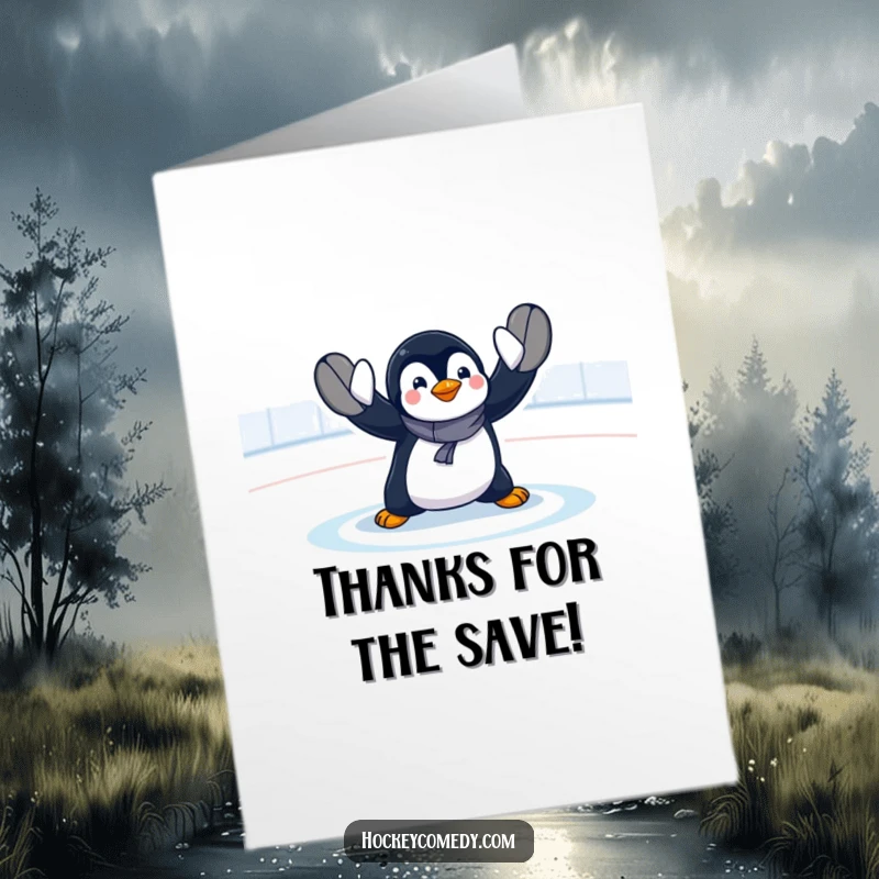 Funny Free Printable Thank You Card: Penguin goalie performing an unbelievable, dramatic save as a thank you gesture.