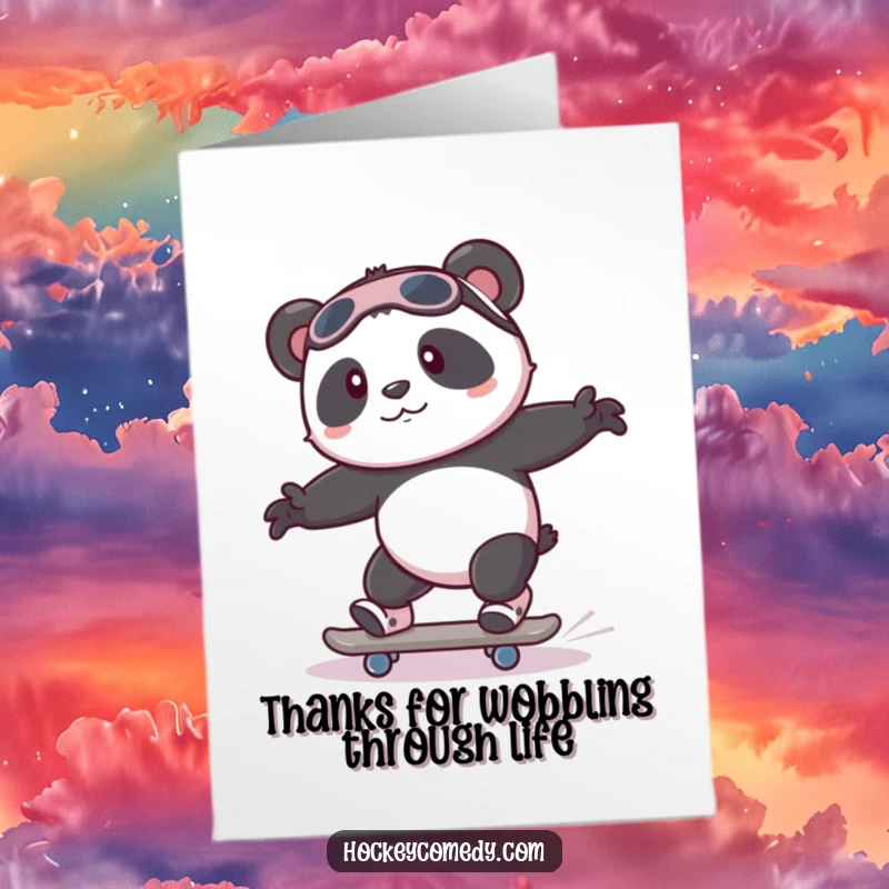 Funny Free Printable Thank You Card: A playful panda with wobbly legs tries to skate, showing gratitude for support.