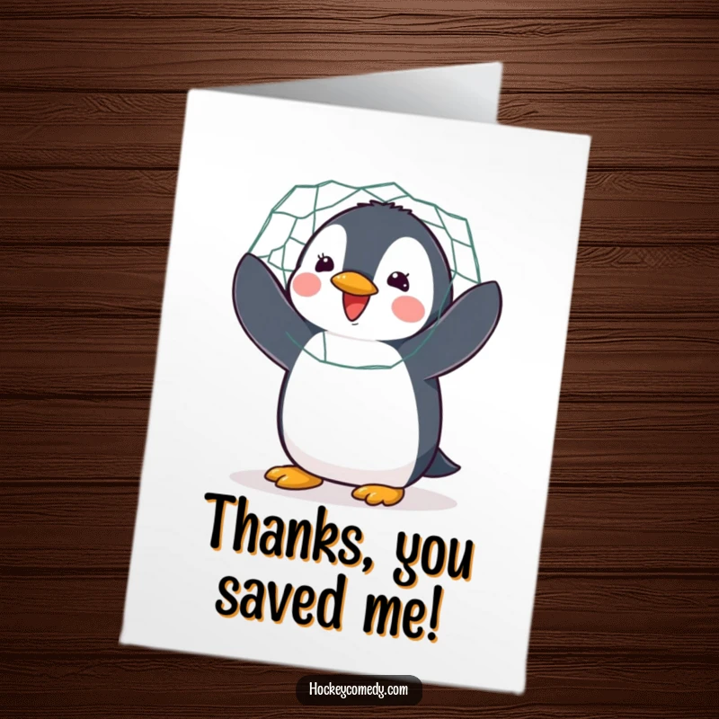 Funny Free Printable Thank You Card: Adorable penguin goalie, enthusiastically flapping while guarding the net to show thanks.