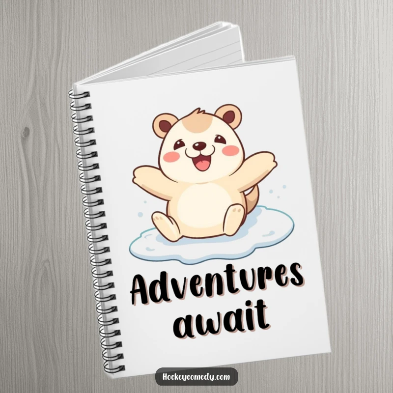 Funny happy animal arms wide on a notebook cover, ice skating with joy, designed for capturing winter thoughts, a funny stationery gift.