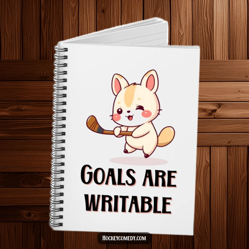 Funny animal hockey notebook featuring a small animal cheerfully swinging a miniature hockey stick, inspiring sporty note-taking. Excellent funny gift.